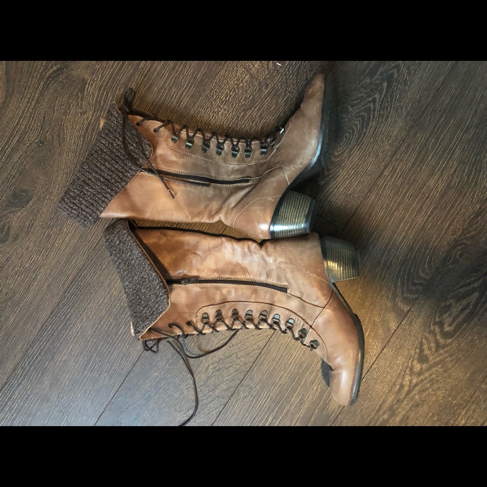 Tall tie up leather tan boots